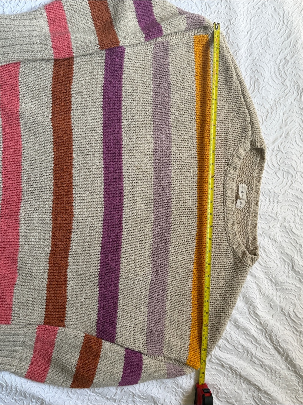 LOFT Neutral Crewneck Sweater with Mustard, Lavender & Pink Stripes - Picture 4 of 7
